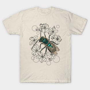 Blue, Orchard, Mason Bee Doodle, white T-Shirt